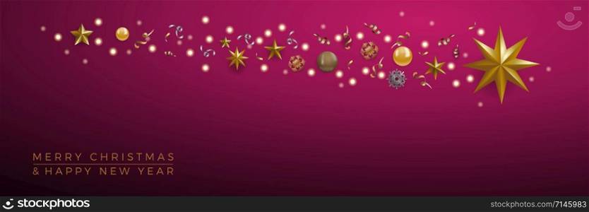Christmas banner, decorations with abstract comet and star on purple background