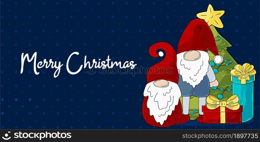 Christmas banner in handdrawn style. Two gnomes in Santa Claus hats, Christmas tree, gifts. Cute holiday card, flyer, banner. Christmas illustration with gnomes