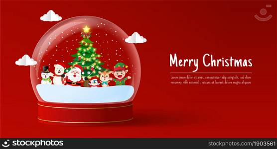 Christmas banner of Santa Claus and friend in snow globe