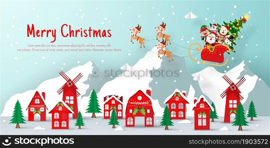 Christmas banner paper cut illustration of Santa Claus and friend coming to the village