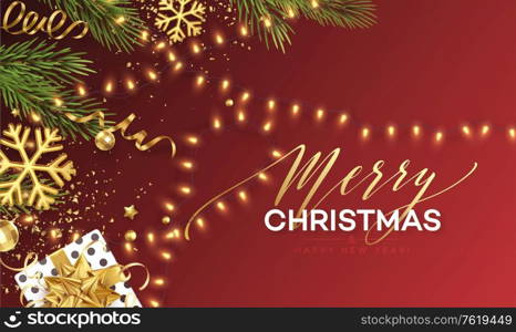 Christmas banner. Realistic Sparkling garland lights with gold snowflakes and golden tinsel on a background with Christmas tree sprigs. Vector illustration EPS10. Christmas banner. Realistic Sparkling garland lights with gold snowflakes and golden tinsel on a background with Christmas tree sprigs. Vector illustration