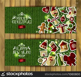 Christmas banner set on green knitting texture. Vector set of icons.. Christmas banner set on green knitting texture.