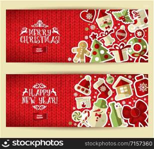 Christmas banner set on red knitting texture.