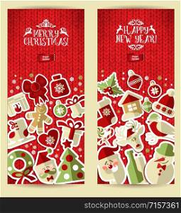 Christmas banner set on red knitting texture.