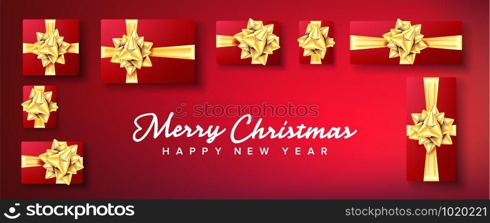 Christmas Banner Vector. Gifts Box With Gold Bow. Red Horizontal Background Illustration. Christmas Banner Vector. Gifts Box With Gold Bow. Illustration