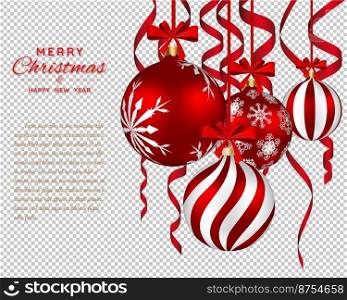 Christmas banner with decoration  balls and ribbons. Christmas decoration with snowflakes on a transparency grid background. Vector illustration.
