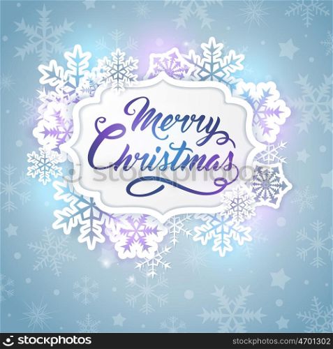 Christmas banner with greeting inscription and snowflakes. Merry Christmas lettering. Design for Christmas card.