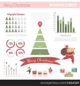 Christmas Banner with Infographics Elements. Santa Claus Carry Sack with Gifts, Happy Kids Dancing on White Background with Charts, Diagrams and Business Information. Cartoon Flat Vector Illustration. Christmas Info Banner with Infographics Elements.