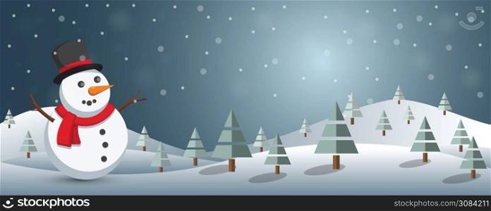 Christmas banner with snowman in winter landscape