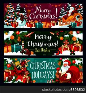 Christmas banner with winter holiday gift and Santa Claus. Xmas tree, Santa and snowman greeting card with bell, present and snow, star, ribbon bow and candy, New Year garland of holly and fir branch. Christmas banner with Xmas holiday gift and Santa