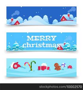 Christmas banners. Vector x-mas background with snow, houses, sweets. Cartoon winter holidays banners. Christmas house winter, xmas snowy season illustration. Christmas banners. Vector x-mas background with snow, houses, sweets. Cartoon winter holidays banners