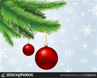 Christmas baubles hanging on pine tree branches on a snowflake background