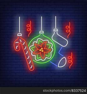 Christmas baubles neon sign. Glowing neon baubles. New year, Christmas, winter. Vector illustration in neon style for greeting card, invitation, announcement