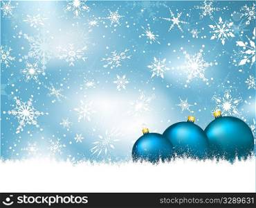 Christmas baubles nestled in snow on a snowflake background