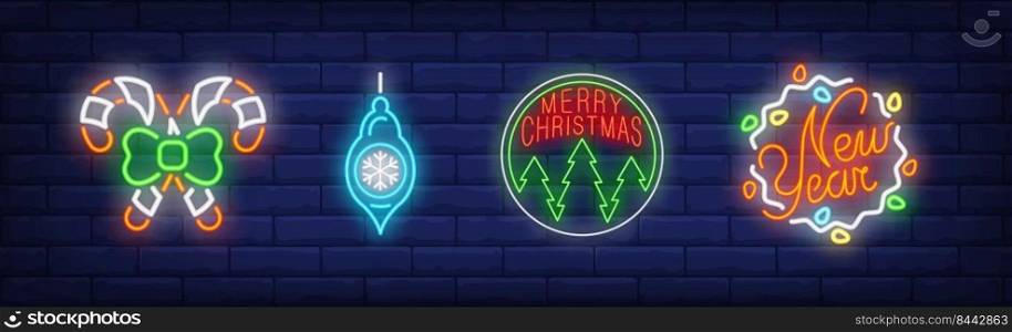 Christmas baubles set in neon style. Garland, candy cane, Christmas bauble. Night bright advertisement. Vector illustration in neon style for banner, billboard