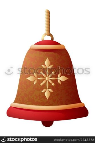 Christmas bell on golden chain. Shiny holiday decoration isolated on white background. Christmas bell on golden chain. Shiny holiday decoration
