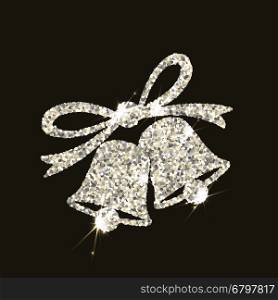 Christmas bells in silver style with flares on dark background. Vector illustration.
