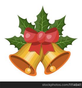 Christmas bells. Jingle bells or sleigh bells. With red bow and christmas holly. cartoon vector illustration.