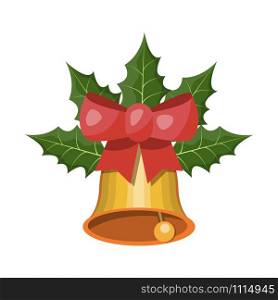 Christmas bells. Jingle bells or sleigh bells. With red bow and christmas holly. cartoon vector illustration.