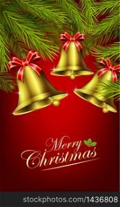 Christmas bells with christmas tree on the red background. vector