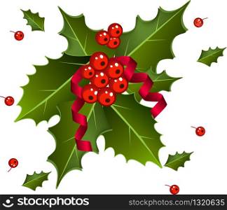 Christmas Berries with red ribbon and green leaves over white background.Christmas holly set Holly Christmas decoration. Element for design