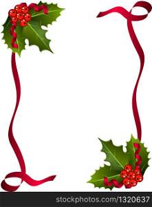 Christmas Berries with red ribbon and green leaves over white background.Christmas holly set Holly Christmas decoration. Element for design