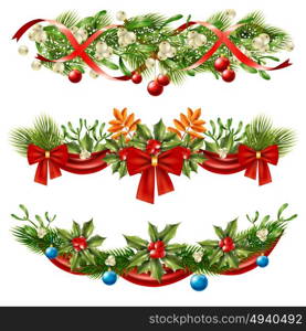 Christmas Berry Branches Decoration Set. Christmas flat set of beautiful wall decorations with berries branches and ribbons isolated on white background vector illustration