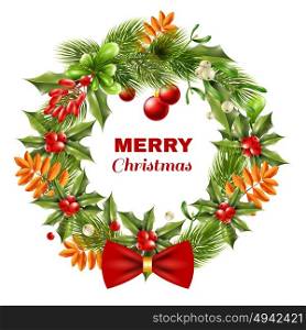 Christmas Berry Branches Wreath. Christmas decoration wreath with berries green and orange leaves and red bow on white background vector illustration