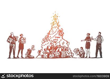 Christmas, big family, tree, celebration, happy concept. Hand drawn parents, grandparents and gifts near Christmas tree concept sketch. Isolated vector illustration.. Christmas, big family, tree, celebration, happy concept. Hand drawn isolated vector.
