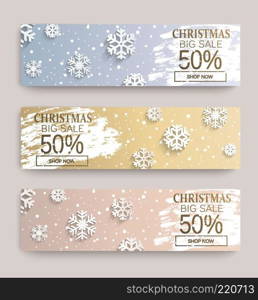 Christmas big sale banners with snowflakes on frosty design template. 50 percent Discount cards for web, poster, flyers, ad, promotions, blogs, social media, marketing. Vector illustration.. Christmas big sale banners with snowflakes.