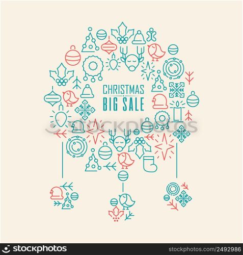 Christmas big sale poster with red and blue festive symbols vector illustration. Christmas Big Sale Poster