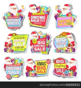 Christmas Big Sale Sticker Set Vector. Santa Claus. Template For Advertising. Discount Tag, Special Offer Banner. Up To 50 Percent Off Badges. Black Friday Promo Icon. Buy Label. Illustration. Christmas Big Sale Sticker Set Vector. Santa Claus. Template For Advertising. Discount Tag, Special Offer Banner. Up To 50 Percent Off Badges. Black Friday Promo Icon. Buy Label. Isolated Illustration