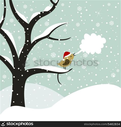 Christmas bird. Bird on a tree in Christmas. A vector illustration