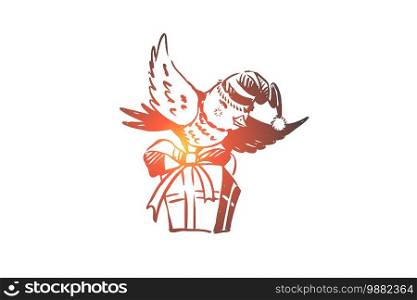 Christmas, bird, gift, greeting, celebration concept. Hand drawn festive bird flying with Christmas gift concept sketch. Isolated vector illustration.. Christmas, bird, gift, greeting, celebration concept. Hand drawn isolated vector.