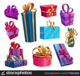 Christmas, birthday and Valentine gifts or presents. Holiday vector boxes with curly bows. Cartoon giftboxes for Valentines day, Xmas or birthday festive event celebration, isolated objects set. Christmas, birthday and Valentine gifts, presents