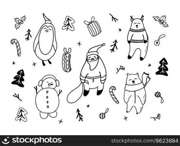 Christmas black and white doodle vector drawings set. Hand drawn outline design elements for gift tags, stickers, greeting cards, wrapping. Santa Claus, reindeer, snowman, penguin, polar bear illustrations. 
