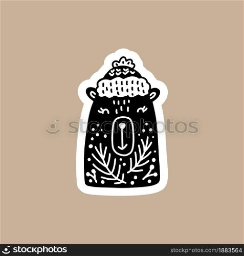 Christmas Black vector sticker with cute and funny bear. Hand drawn scandinavian badge character for notebook, scrapbook, smartphone or planner. flat graphic isolated illustration.. Christmas Black vector sticker with cute and funny bear. Hand drawn scandinavian badge character for notebook, scrapbook, smartphone or planner. flat graphic isolated illustration