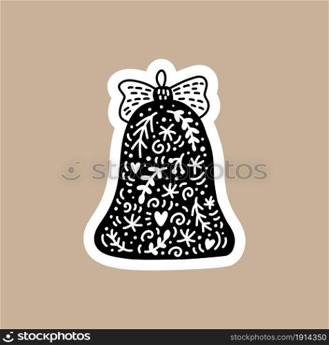 Christmas Black vector sticker with cute and funny bell. Hand drawn scandinavian badge character for notebook, scrapbook or planner. flat graphic isolated illustration.. Christmas Black vector sticker with cute and funny bell. Hand drawn scandinavian badge character for notebook, scrapbook or planner. flat graphic isolated illustration