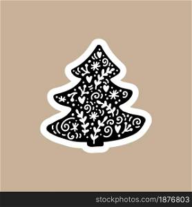 Christmas Black vector sticker with cute and funny fir tree. Hand drawn scandinavian badge character for notebook, scrapbook or planner. flat graphic isolated illustration.. Christmas Black vector sticker with cute and funny fir tree. Hand drawn scandinavian badge character for notebook, scrapbook or planner. flat graphic isolated illustration
