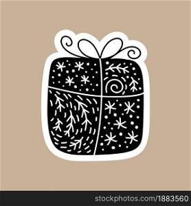 Christmas Black vector sticker with cute and funny gift box. Hand drawn scandinavian badge character for notebook, scrapbook, smartphone or planner. flat graphic isolated illustration.. Christmas Black vector sticker with cute and funny gift box. Hand drawn scandinavian badge character for notebook, scrapbook, smartphone or planner. flat graphic isolated illustration