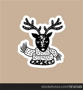 Christmas Black vector sticker with cute and funny santa deer. Hand drawn scandinavian badge character for notebook, scrapbook or planner. flat graphic isolated illustration.. Christmas Black vector sticker with cute and funny santa deer. Hand drawn scandinavian badge character for notebook, scrapbook or planner. flat graphic isolated illustration