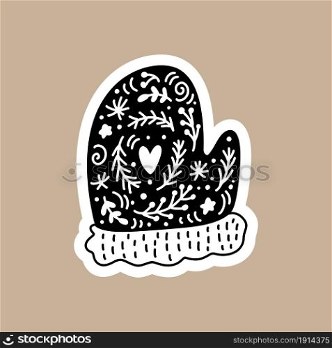 Christmas Black vector sticker with cute and funny santa mitten. Hand drawn scandinavian badge character for notebook, scrapbook or planner. flat graphic isolated illustration.. Christmas Black vector sticker with cute and funny santa mitten. Hand drawn scandinavian badge character for notebook, scrapbook or planner. flat graphic isolated illustration