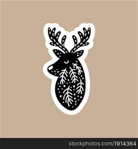 Christmas Black vector sticker with cute and funny santa silhouette deer. Hand drawn scandinavian badge character for notebook, scrapbook or planner. flat graphic isolated illustration.. Christmas Black vector sticker with cute and funny santa silhouette deer. Hand drawn scandinavian badge character for notebook, scrapbook or planner. flat graphic isolated illustration