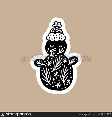 Christmas Black vector sticker with cute and funny snowman. Hand drawn scandinavian badge character for notebook, scrapbook or planner. flat graphic isolated illustration.. Christmas Black vector sticker with cute and funny snowman. Hand drawn scandinavian badge character for notebook, scrapbook or planner. flat graphic isolated illustration