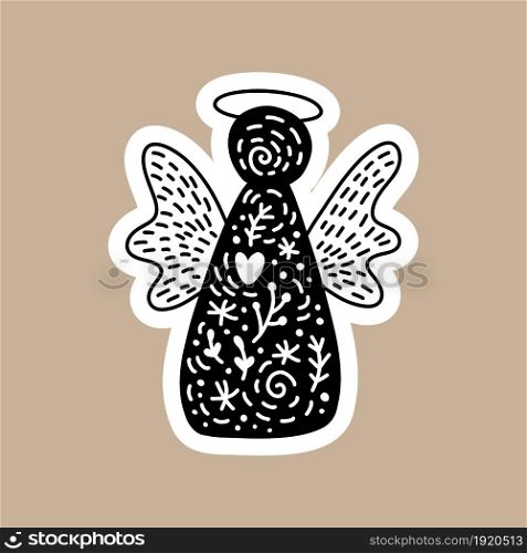 Christmas Black vector sticker with cute and funny xmas angel. Hand drawn scandinavian badge character for notebook, scrapbook or planner. flat graphic isolated illustration.. Christmas Black vector sticker with cute and funny xmas angel. Hand drawn scandinavian badge character for notebook, scrapbook or planner. flat graphic isolated illustration