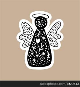 Christmas Black vector sticker with cute and funny xmas angel. Hand drawn scandinavian badge character for notebook, scrapbook or planner. flat graphic isolated illustration.. Christmas Black vector sticker with cute and funny xmas angel. Hand drawn scandinavian badge character for notebook, scrapbook or planner. flat graphic isolated illustration