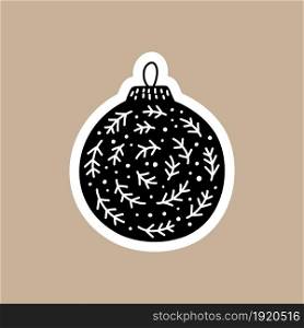Christmas Black vector sticker with cute and funny xmas ball. Hand drawn scandinavian badge character for notebook, scrapbook or planner. flat graphic isolated illustration.. Christmas Black vector sticker with cute and funny xmas ball. Hand drawn scandinavian badge character for notebook, scrapbook or planner. flat graphic isolated illustration