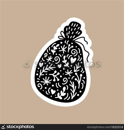 Christmas Black vector sticker with cute xmas bag. Hand drawn scandinavian badge character for notebook, scrapbook, smartphone or planner. flat graphic isolated illustration.. Christmas Black vector sticker with cute xmas bag. Hand drawn scandinavian badge character for notebook, scrapbook, smartphone or planner. flat graphic isolated illustration