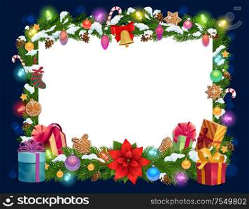 Christmas blank white paper card in vector Xmas decorations frame. Christmas tree lights and New Year winter holiday ornaments, golden bell and gift boxes, socks and candy canes, cones and cookies. Christmas decorations frame, blank paper template