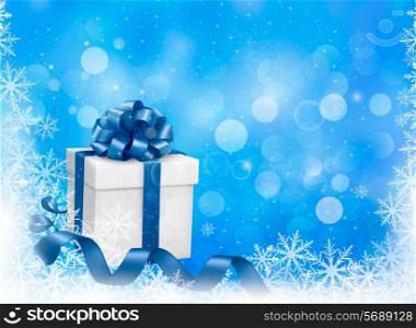 Christmas blue background with gift box and snowflakes. Vector illustration.